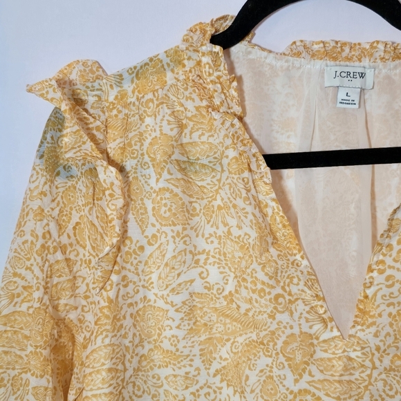 J Crew Factory Yellow Paisley Floral Lined Ruffle Sleeve V Neck Blouse, Sz L - Picture 2 of 9